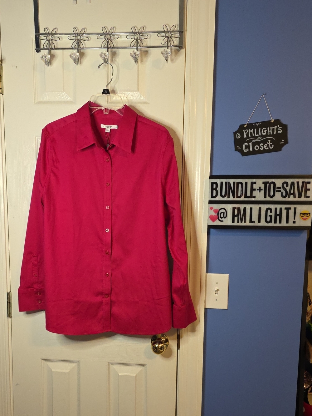 Chico's Bright Raspberry Button-Up Blouse New Size 3 XL No-Iron Stretch